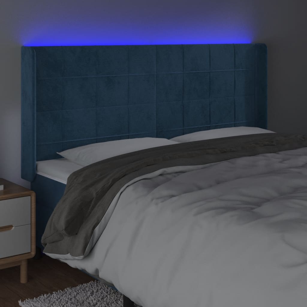 vidaXL Cabeceira cama c/ luzes LED veludo 163x16x118/128cm azul-escuro