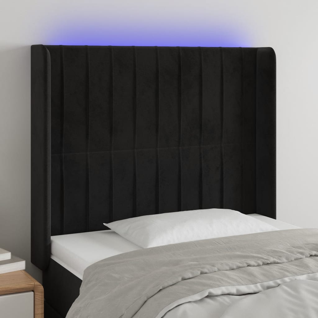 vidaXL Cabeceira de cama c/ luzes LED veludo 93x16x118/128 cm preto