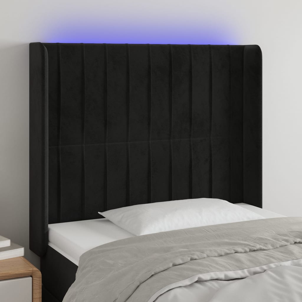 vidaXL Cabeceira de cama c/ luzes LED veludo 103x16x118/128 cm preto