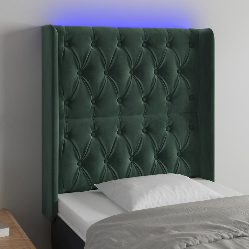 vidaXL Cabeceira cama c/ luzes LED veludo 83x16x118/128cm verde-escuro