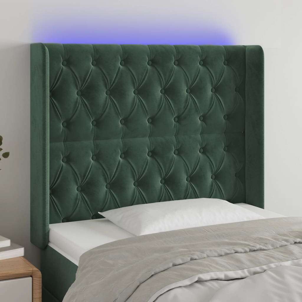 vidaXL Cabeceira de cama c/ LED veludo 103x16x118/128 cm verde-escuro