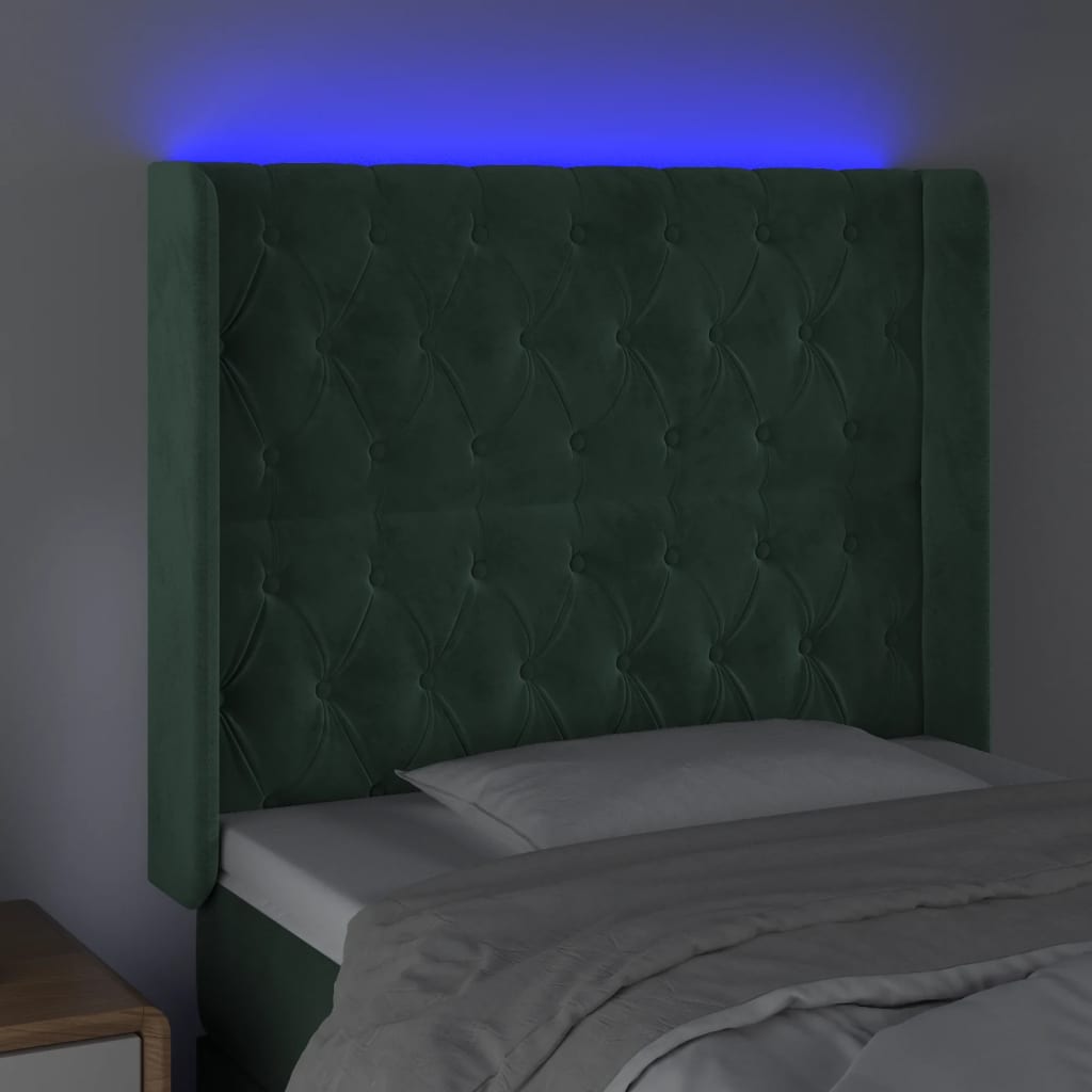 vidaXL Cabeceira de cama c/ LED veludo 103x16x118/128 cm verde-escuro