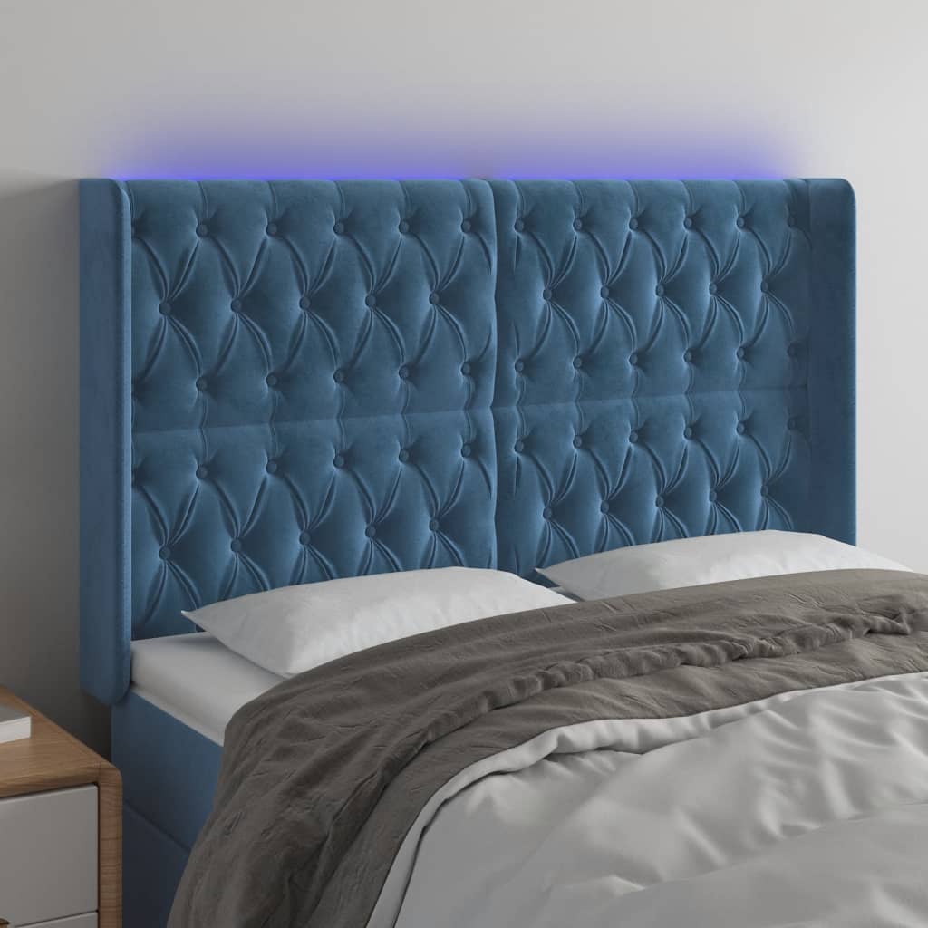 vidaXL Cabeceira cama c/ luzes LED veludo 147x16x118/128cm azul-escuro