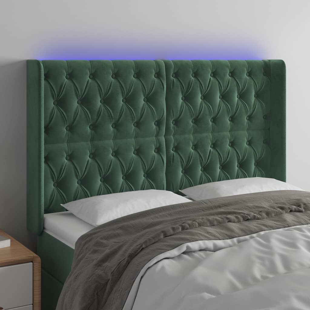 vidaXL Cabeceira de cama c/ LED veludo 163x16x118/128 cm verde-escuro