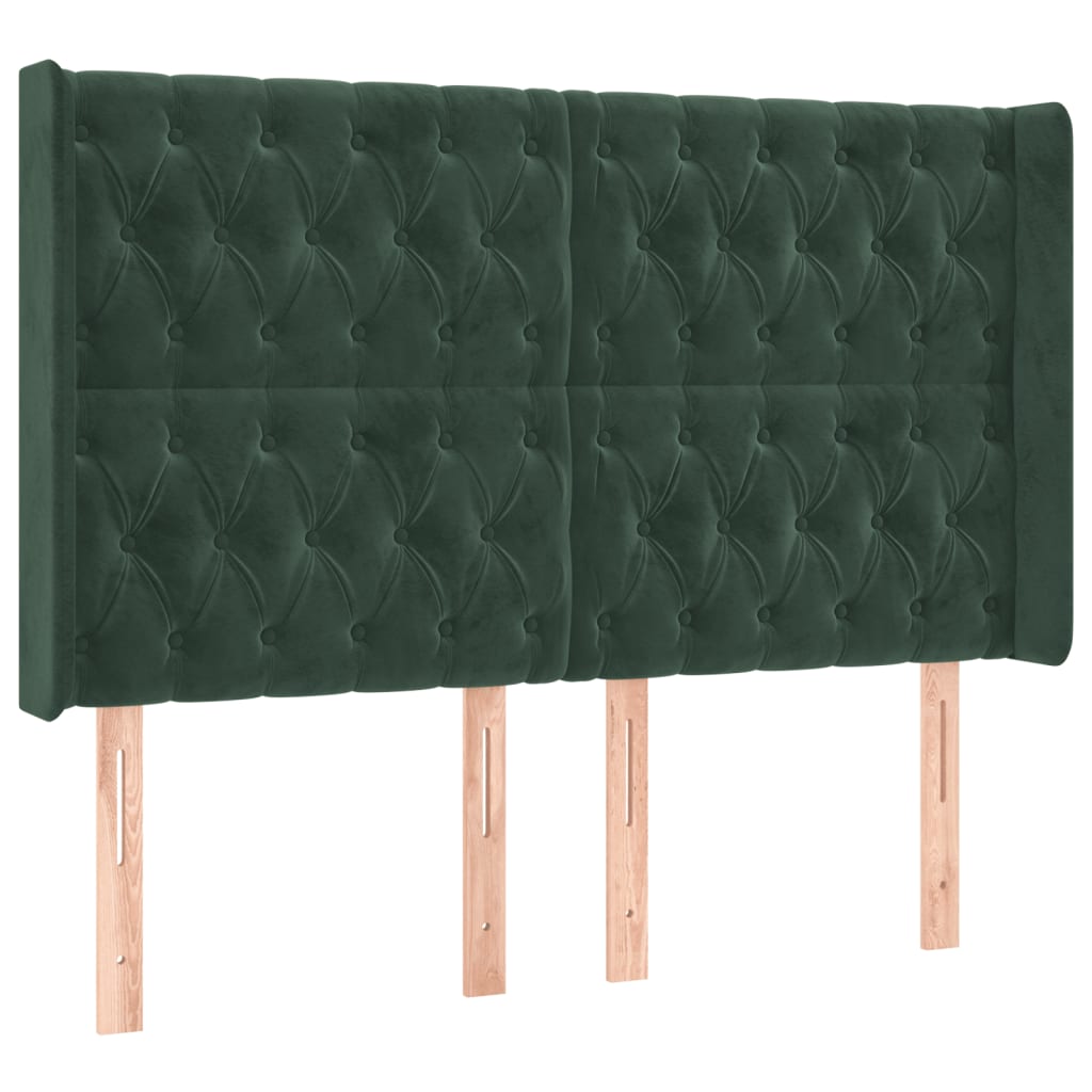 vidaXL Cabeceira de cama c/ LED veludo 163x16x118/128 cm verde-escuro