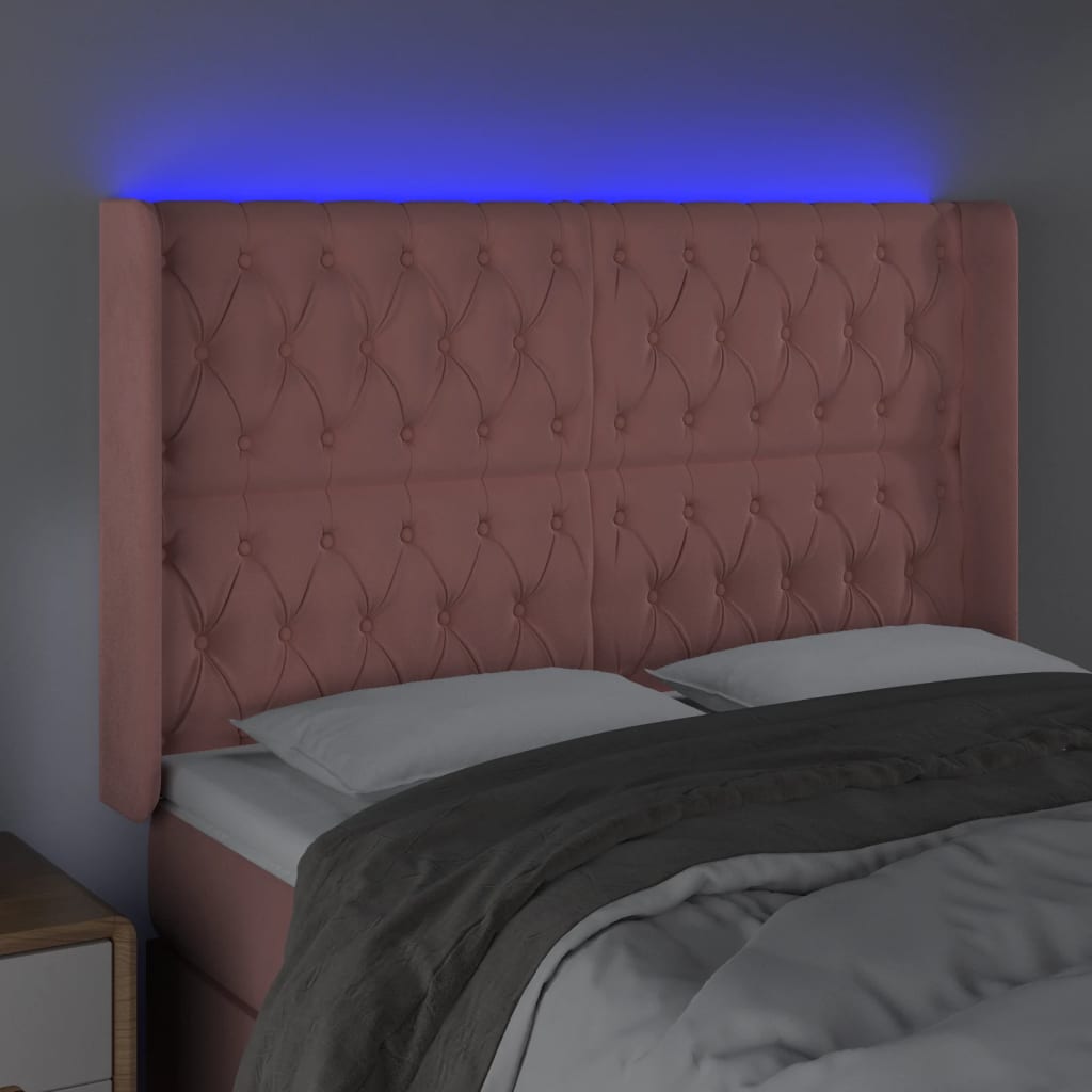 vidaXL Cabeceira de cama c/ luzes LED veludo 163x16x118/128 cm rosa