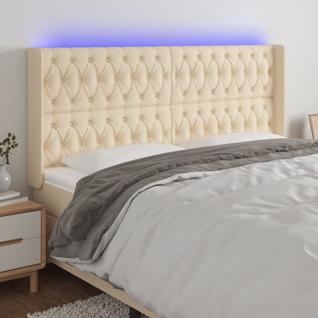 vidaXL Cabeceira cama c/ luzes LED tecido 183x16x118/128 cm cor creme