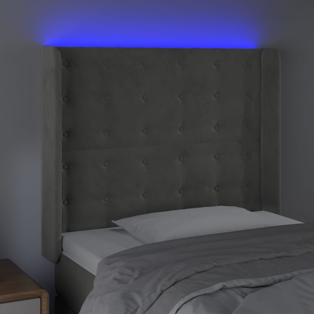 vidaXL Cabeceira cama c/ luzes LED veludo 83x16x118/128 cm cinza-claro