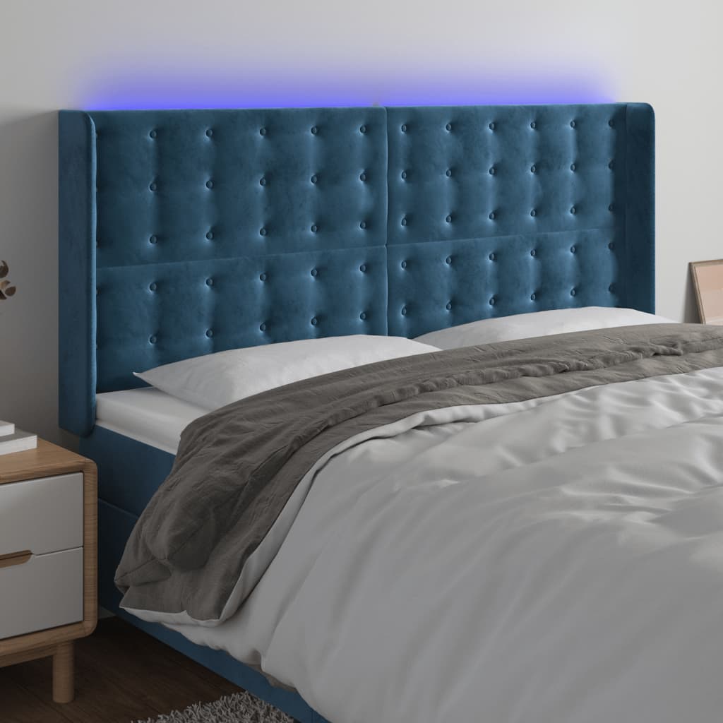 vidaXL Cabeceira cama c/ luzes LED veludo 203x16x118/128cm azul-escuro