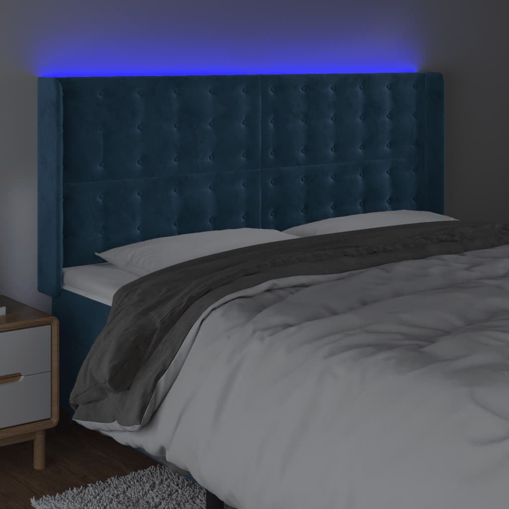 vidaXL Cabeceira cama c/ luzes LED veludo 203x16x118/128cm azul-escuro