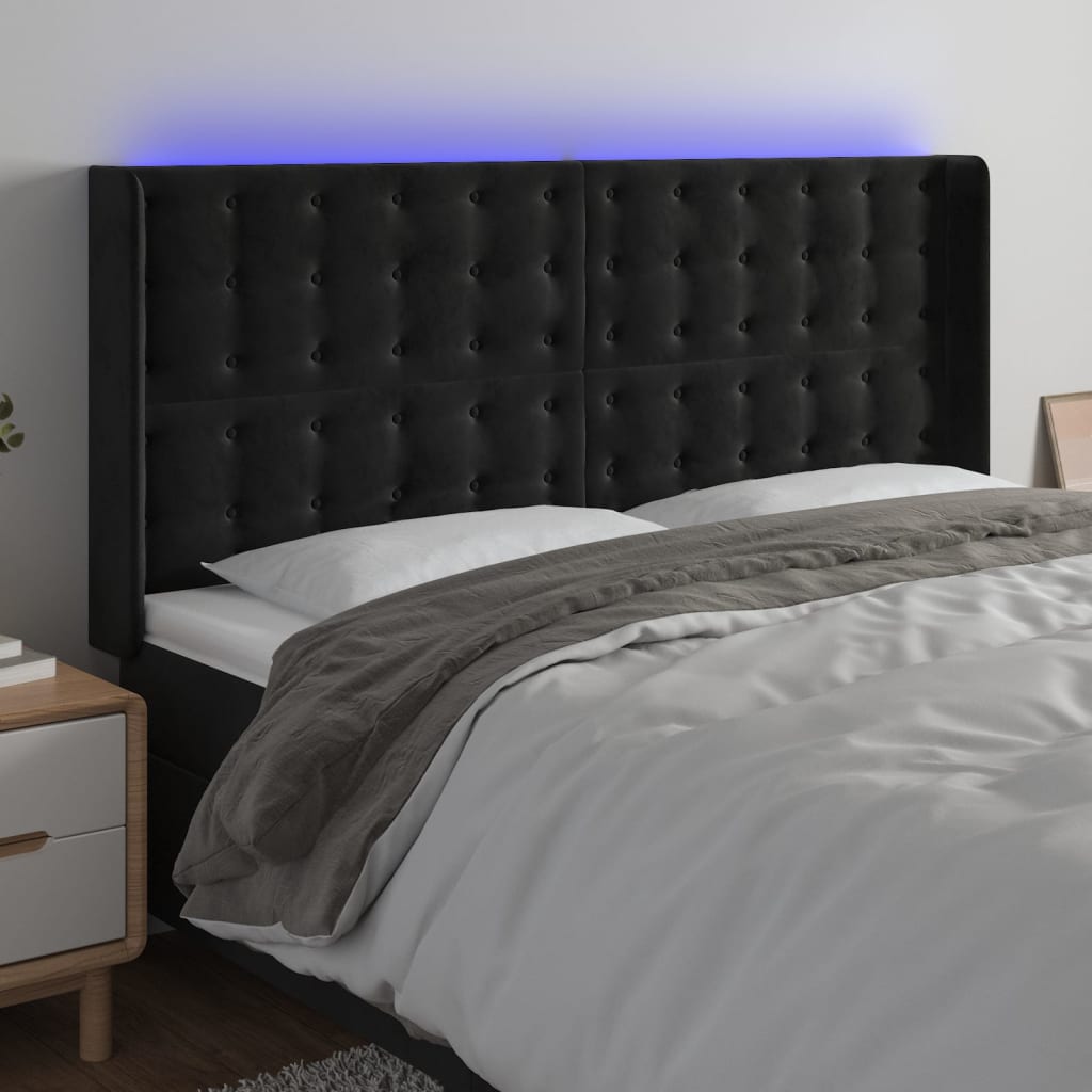 vidaXL Cabeceira de cama c/ luzes LED veludo 163x16x118/128 cm preto