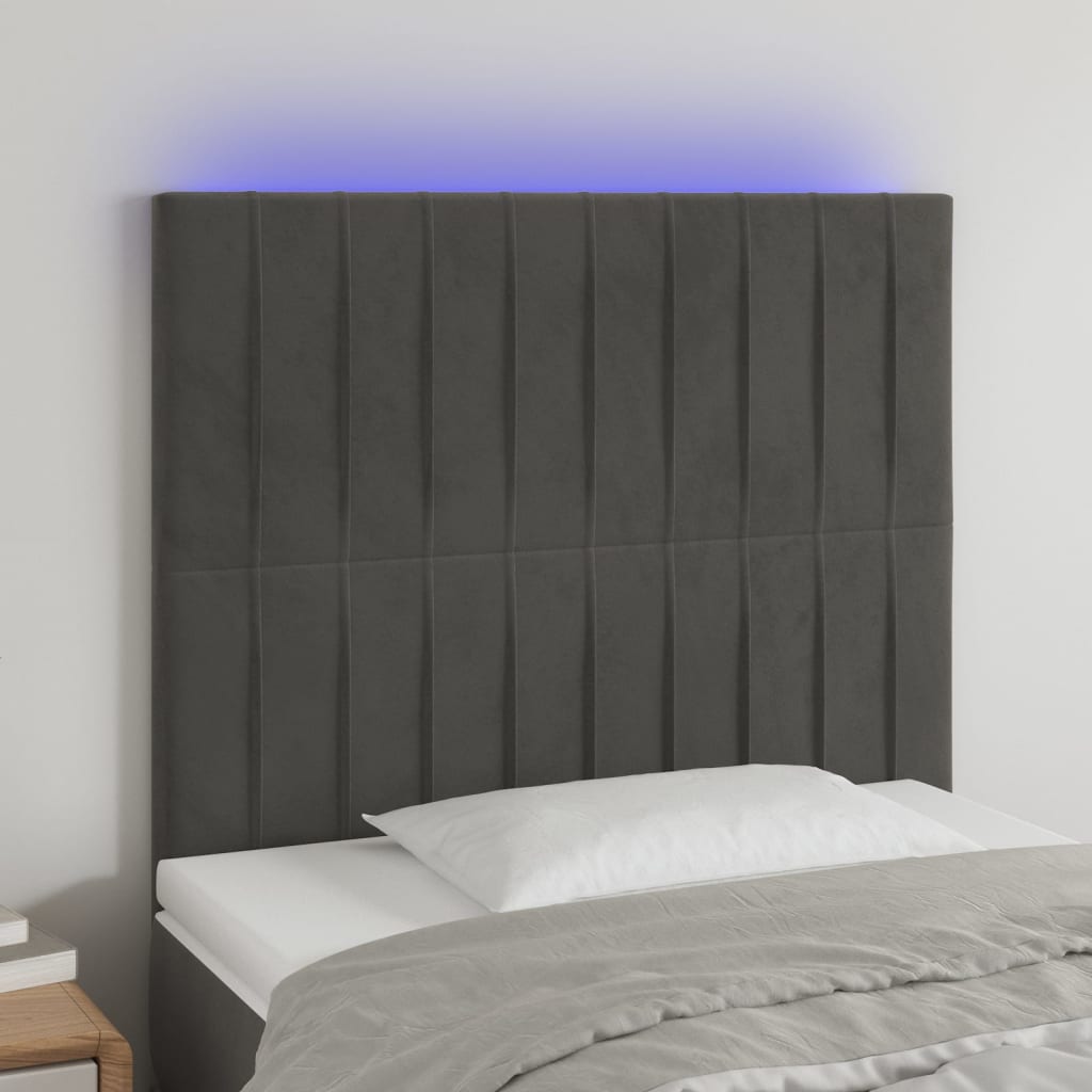 vidaXL Cabeceira de cama c/ LED veludo 100x5x118/128 cm cinza-escuro