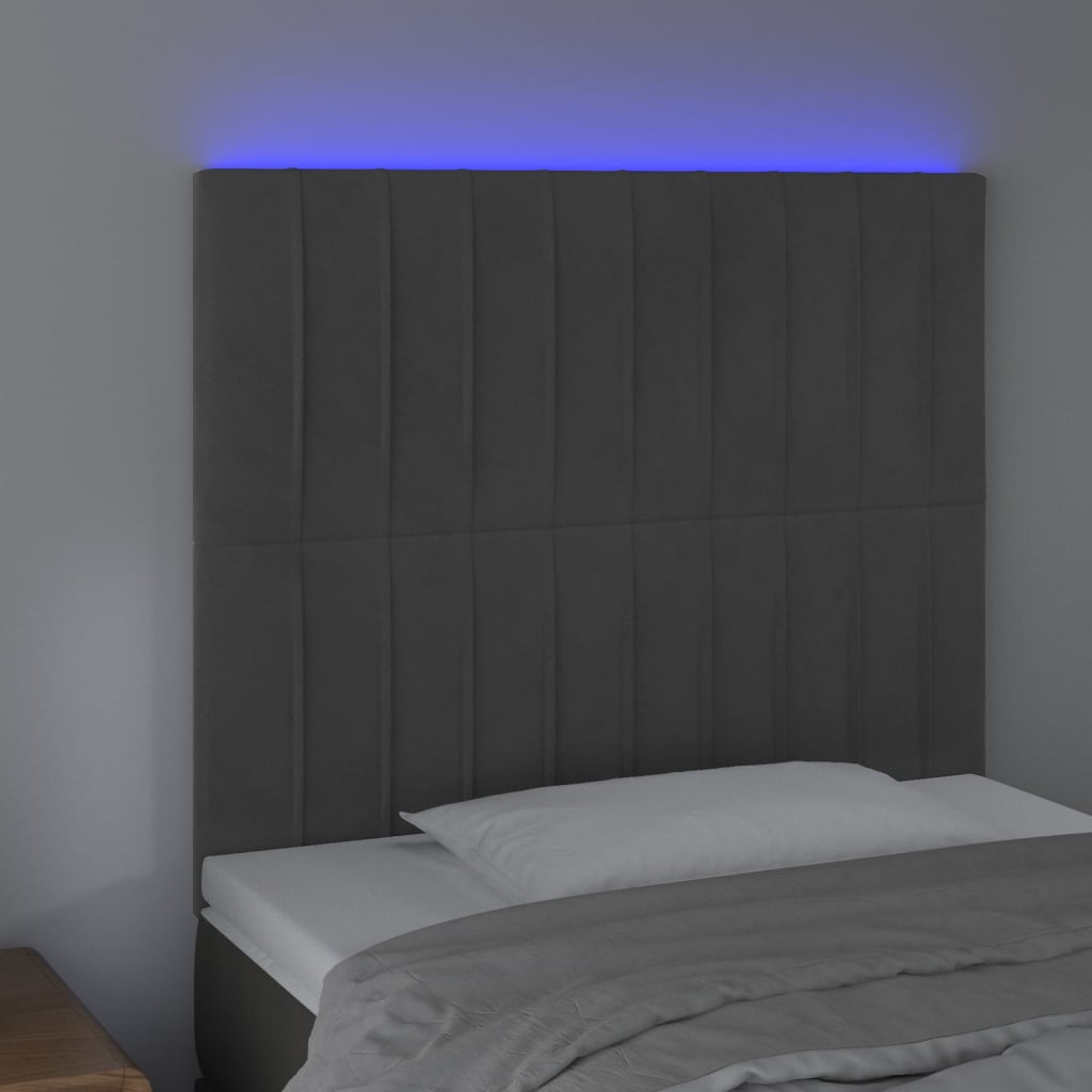 vidaXL Cabeceira de cama c/ LED veludo 100x5x118/128 cm cinza-escuro