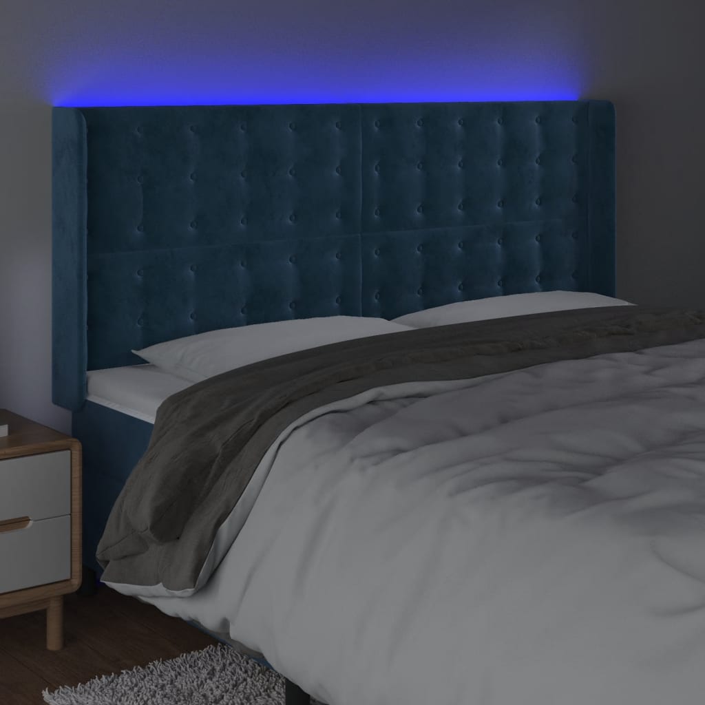 vidaXL Cabeceira cama c/ luzes LED veludo 183x16x118/128cm azul-escuro