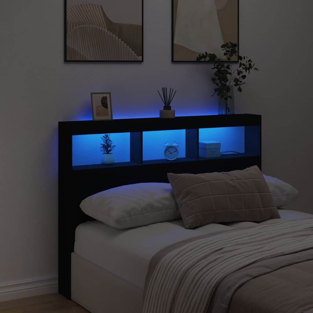 vidaXL Armário de cabeceira com luzes LED 140x17x102 cm preto