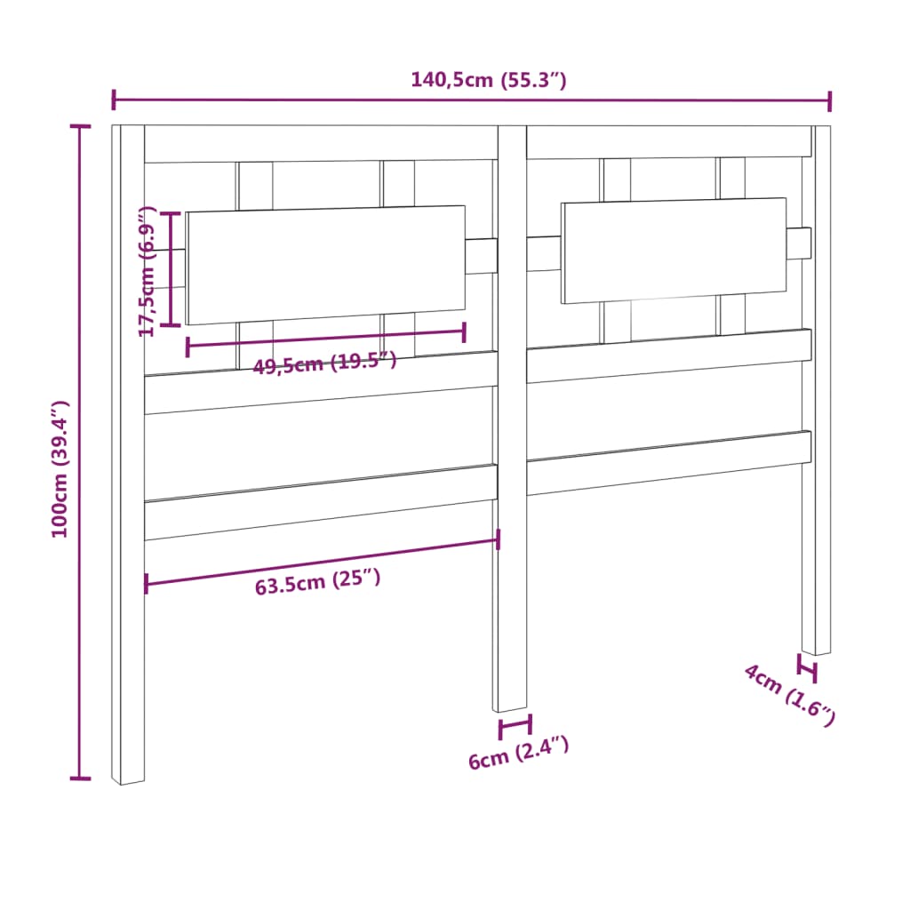 vidaXL Cabeceira de cama 140,5x4x100 cm pinho maciço preto