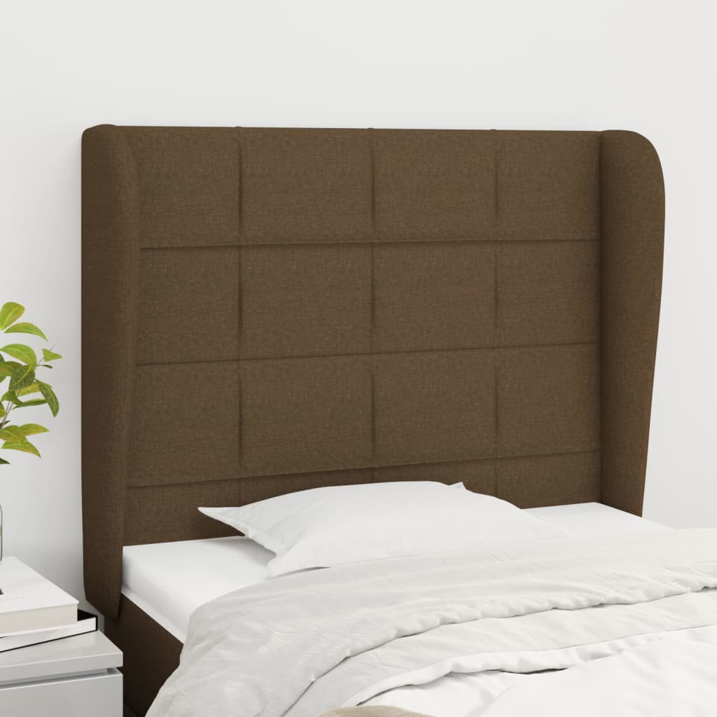 vidaXL Cabeceira cama c/ abas tecido 103x23x118/128 cm castanho-escuro