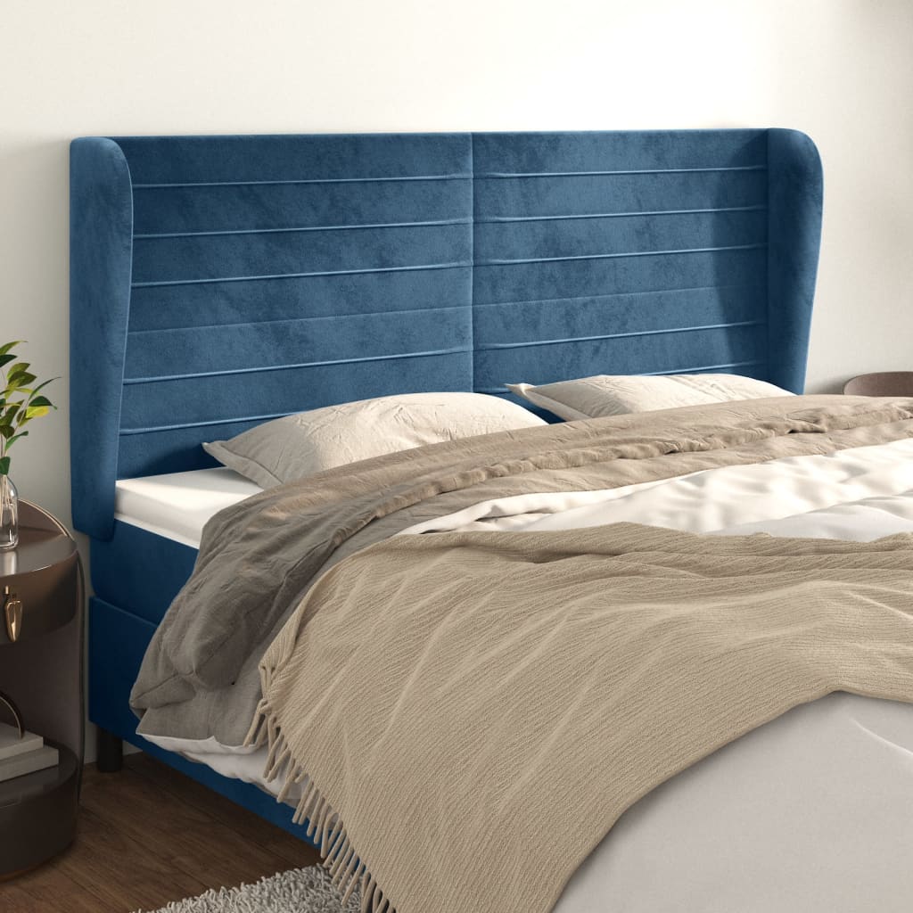 vidaXL Cabeceira cama c/ abas veludo 183x23x118/128 cm azul-escuro