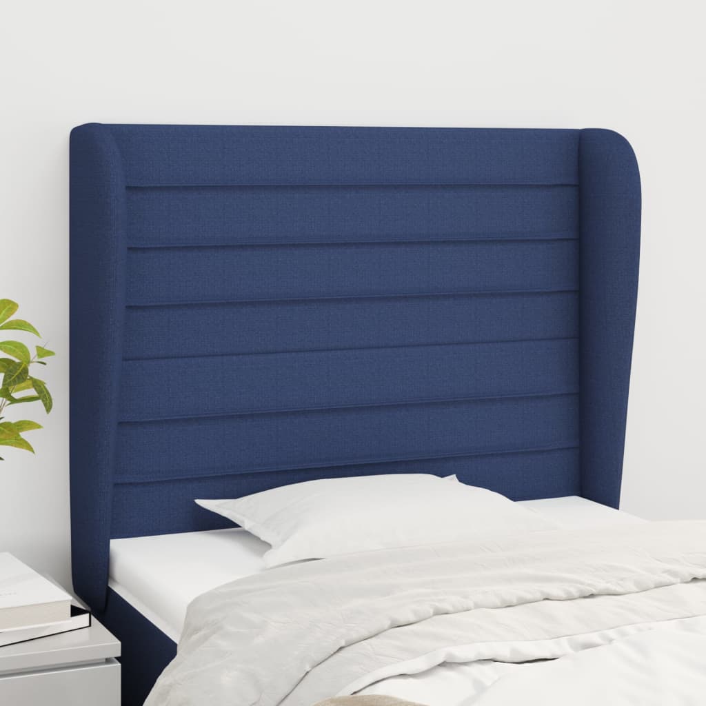 vidaXL Cabeceira de cama c/ abas tecido 103x23x118/128 cm azul