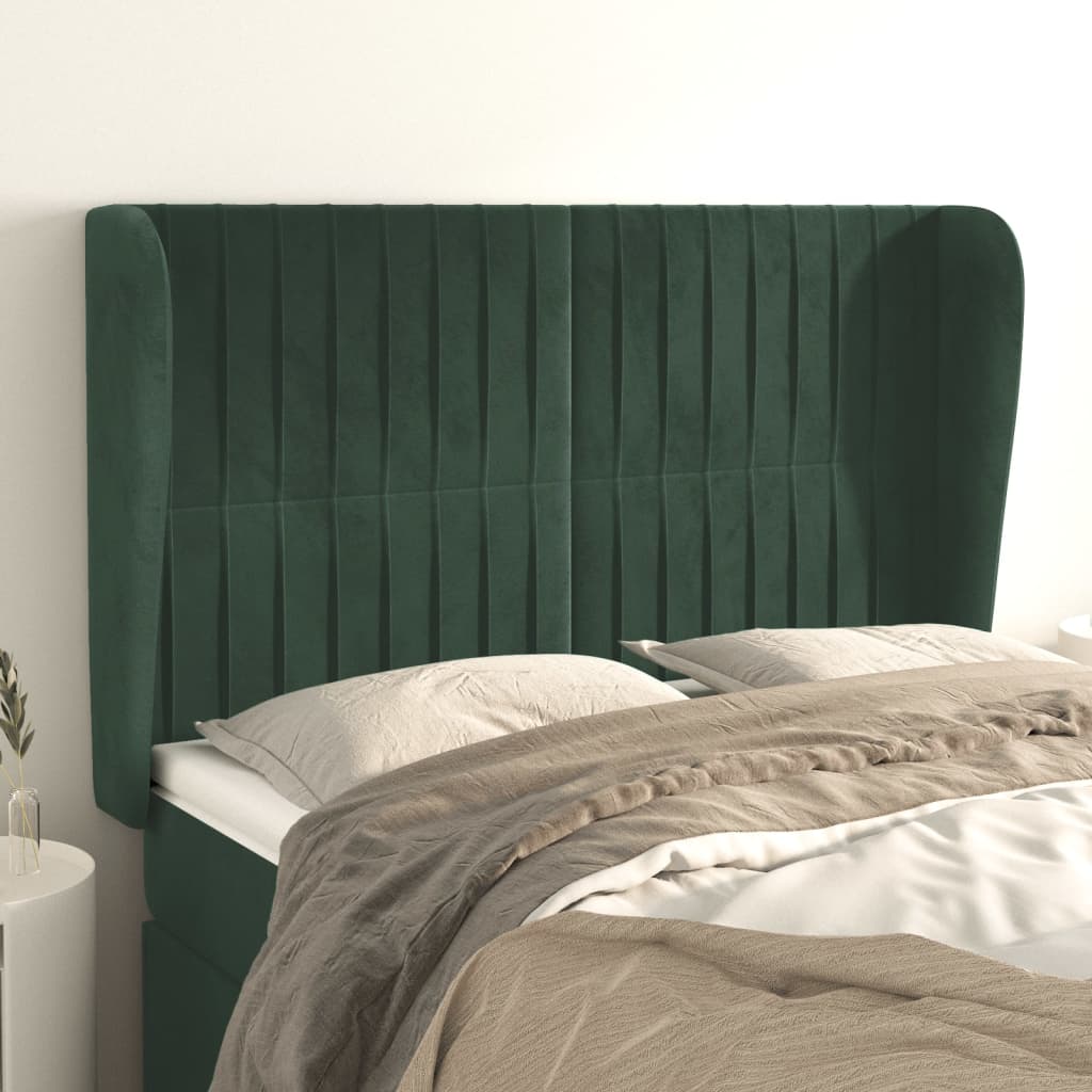 vidaXL Cabeceira cama c/ abas veludo 147x23x118/128 cm verde-escuro