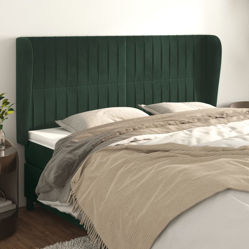 vidaXL Cabeceira cama c/ abas veludo 163x23x118/128 cm verde-escuro