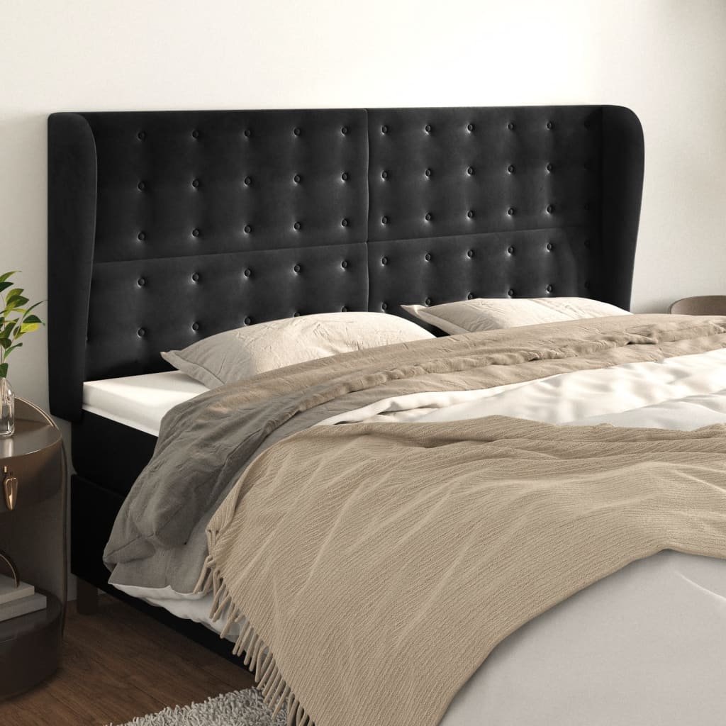 vidaXL Cabeceira de cama c/ abas veludo 163x23x118/128 cm preto