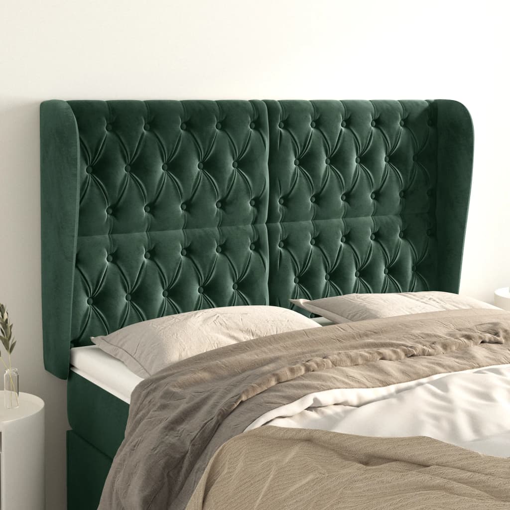 vidaXL Cabeceira cama c/ abas veludo 163x23x118/128 cm verde-escuro