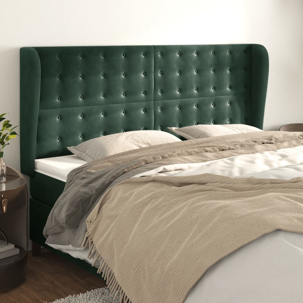 vidaXL Cabeceira cama c/ abas veludo 203x23x118/128 cm verde-escuro