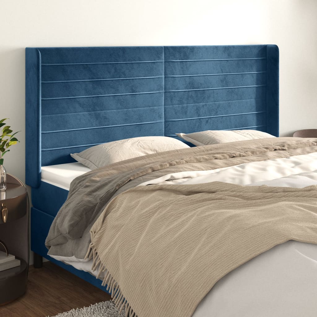 vidaXL Cabeceira cama c/ abas veludo 163x16x118/128 cm azul-escuro