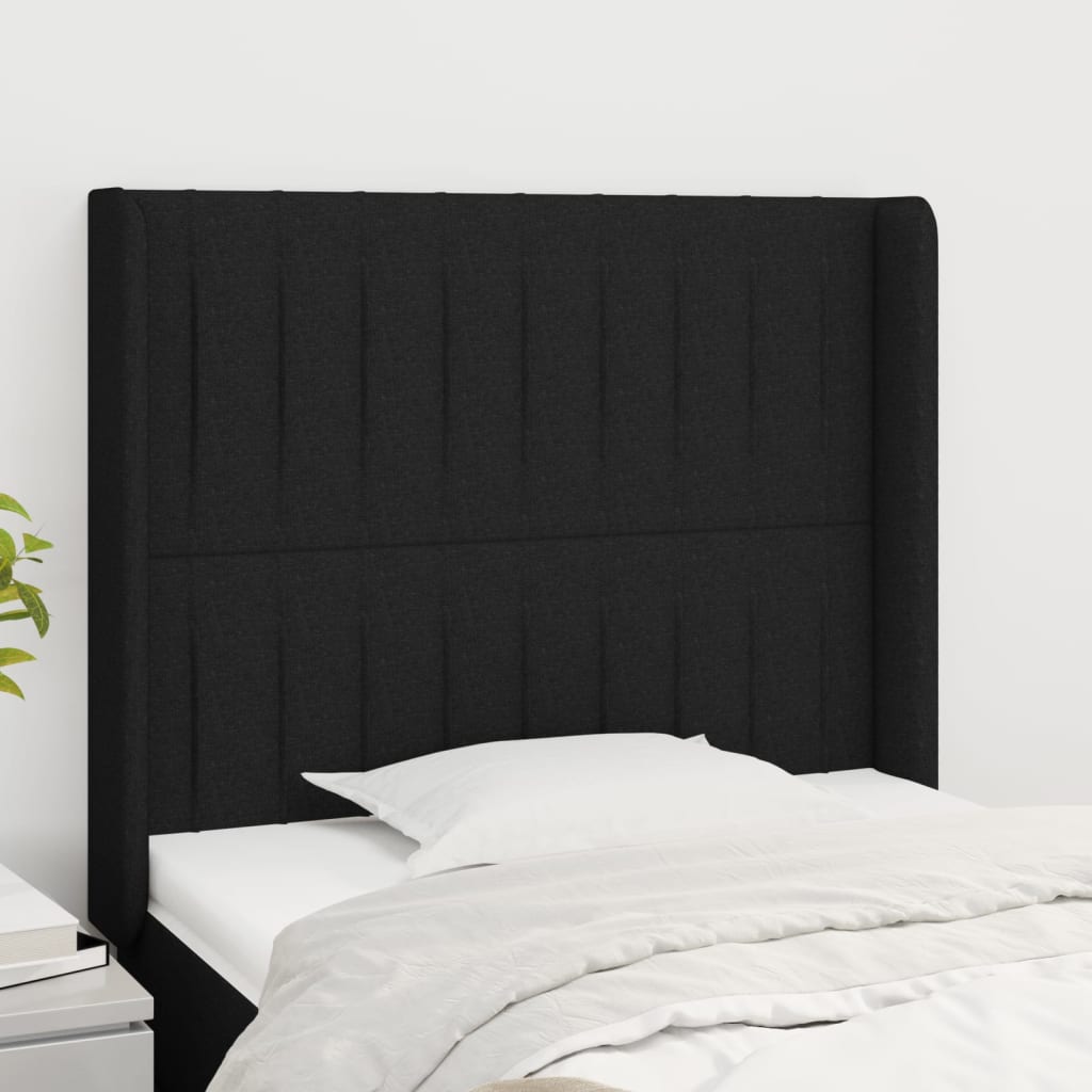 vidaXL Cabeceira de cama c/ abas tecido 93x16x118/128 cm preto