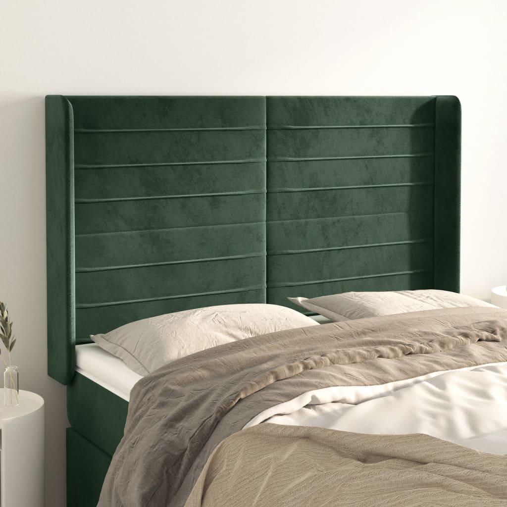 vidaXL Cabeceira cama c/ abas veludo 147x16x118/128 cm verde-escuro