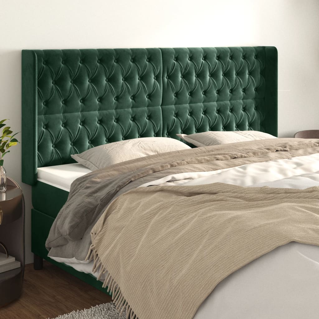 vidaXL Cabeceira cama c/ abas veludo 183x16x118/128 cm verde-escuro