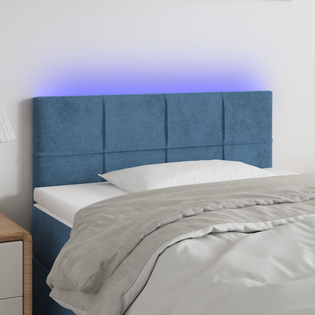 vidaXL Cabeceira de cama c/ luzes LED veludo 90x5x78/88 cm azul-escuro