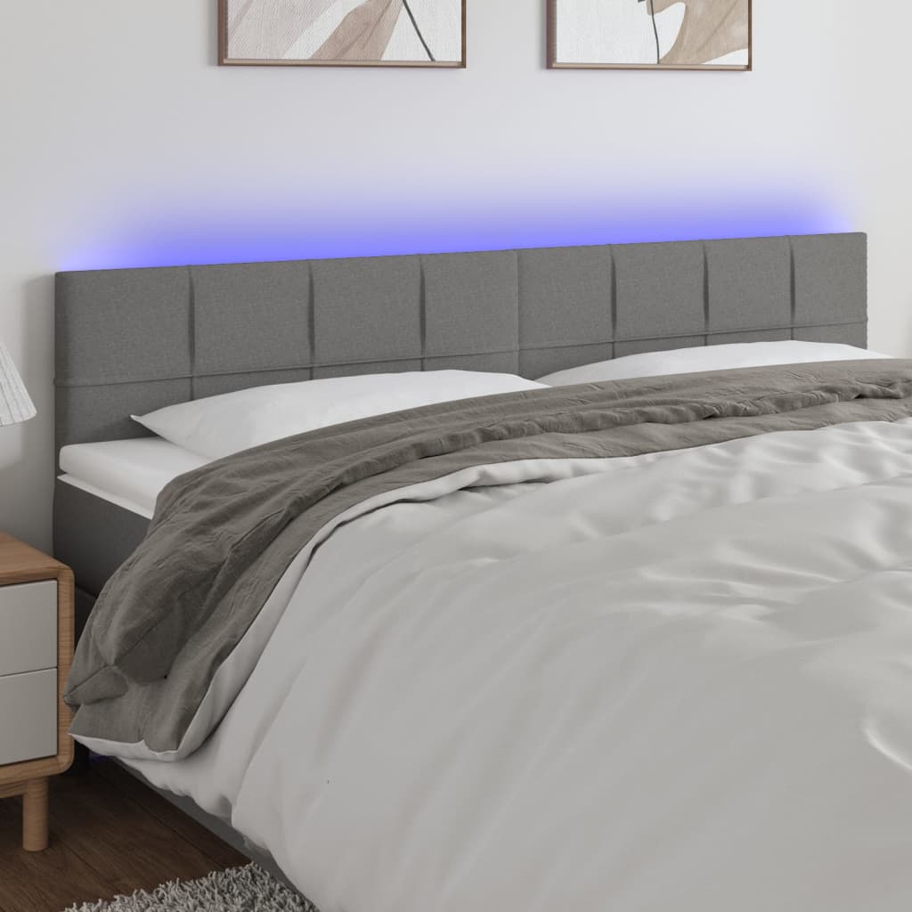 vidaXL Cabeceira de cama c/luzes LED tecido 180x5x78/88cm cinza-escuro