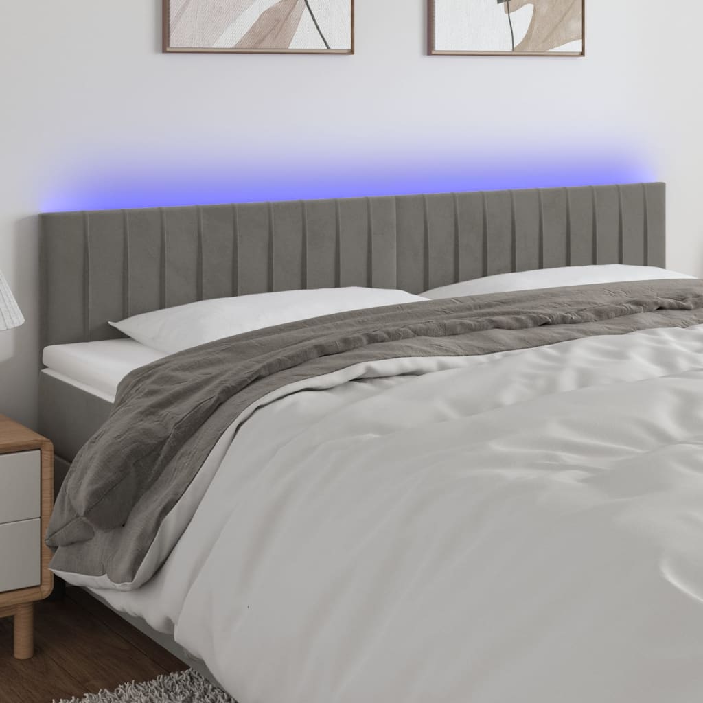 vidaXL Cabeceira de cama c/luzes LED veludo 200x5x78/88 cm cinza-claro