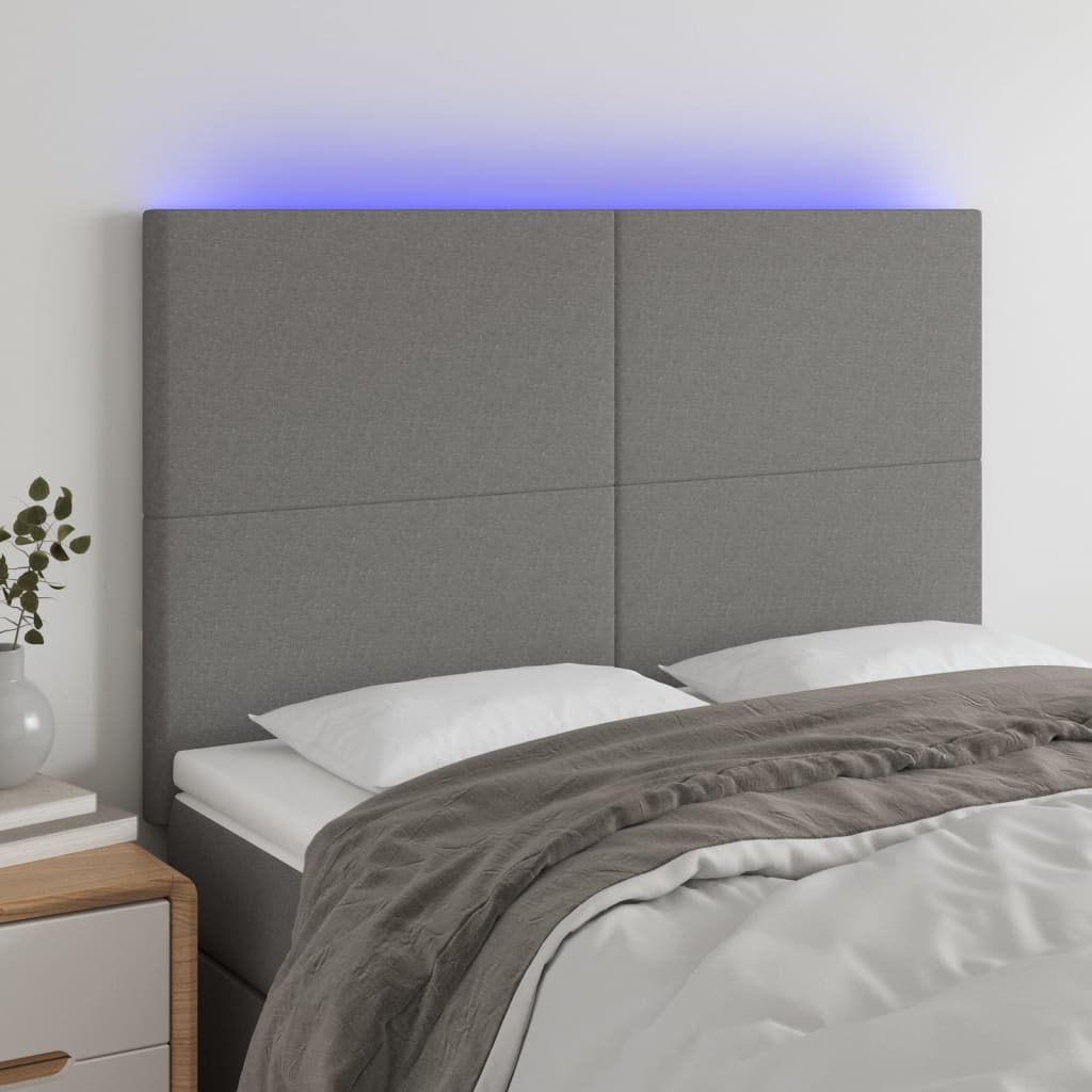 vidaXL Cabeceira de cama c/ LED tecido 144x5x118/128 cm cinza-escuro