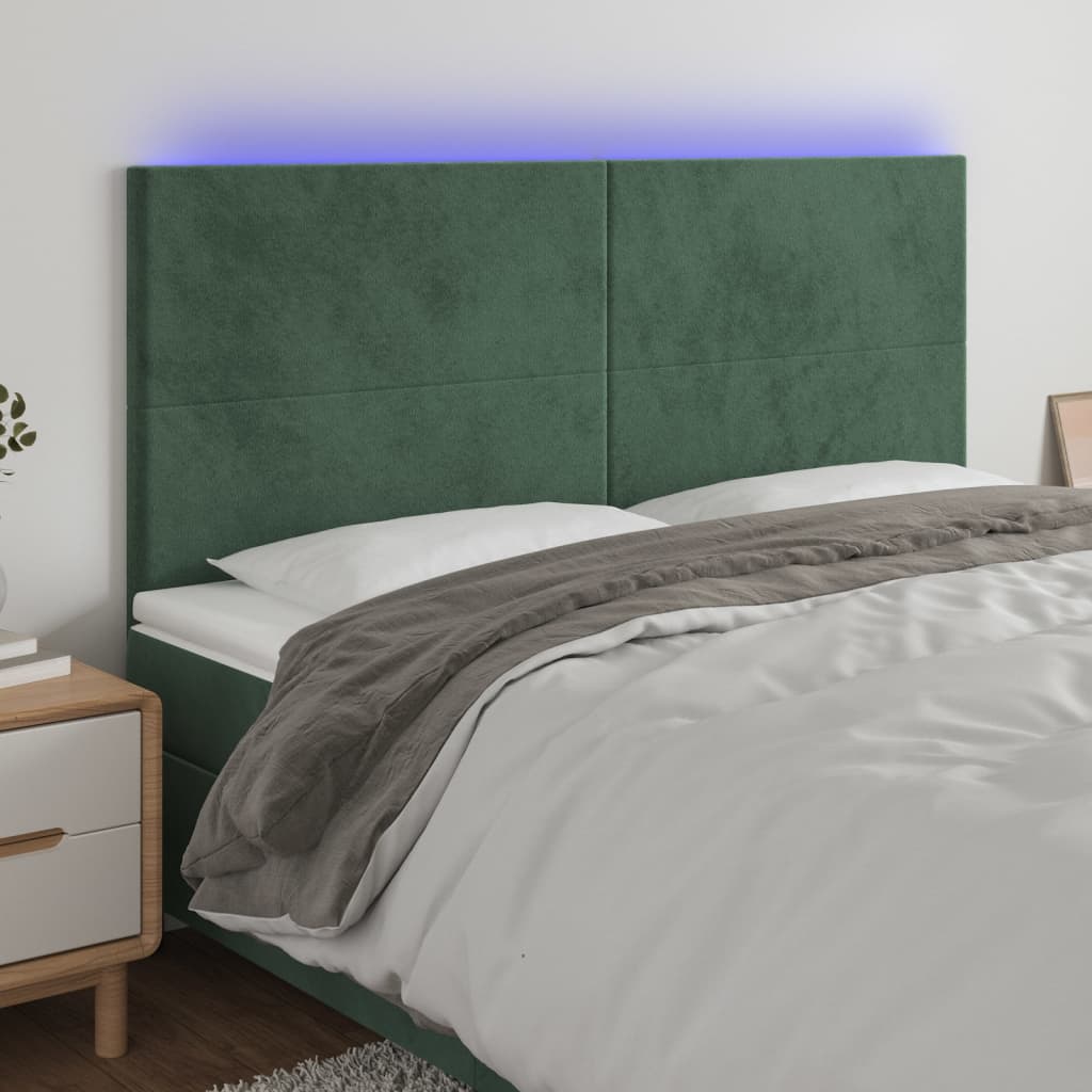 vidaXL Cabeceira de cama c/ LED veludo 180x5x118/128 cm verde-escuro