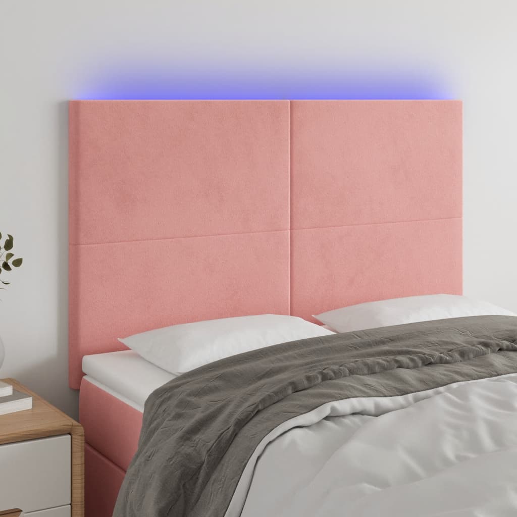 vidaXL Cabeceira de cama c/ luzes LED veludo 144x5x118/128 cm rosa