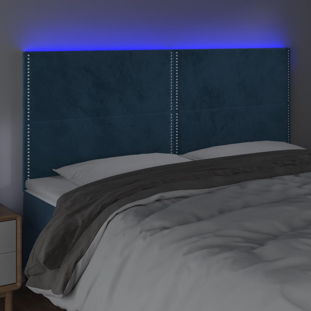 vidaXL Cabeceira cama c/ luzes LED veludo 200x5x118/128cm azul-escuro