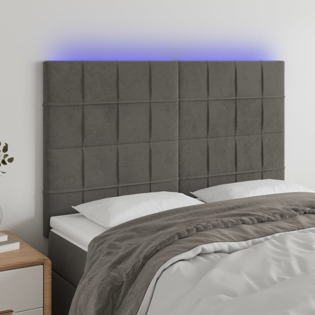 vidaXL Cabeceira de cama c/ LED veludo 144x5x118/128 cm cinza-escuro