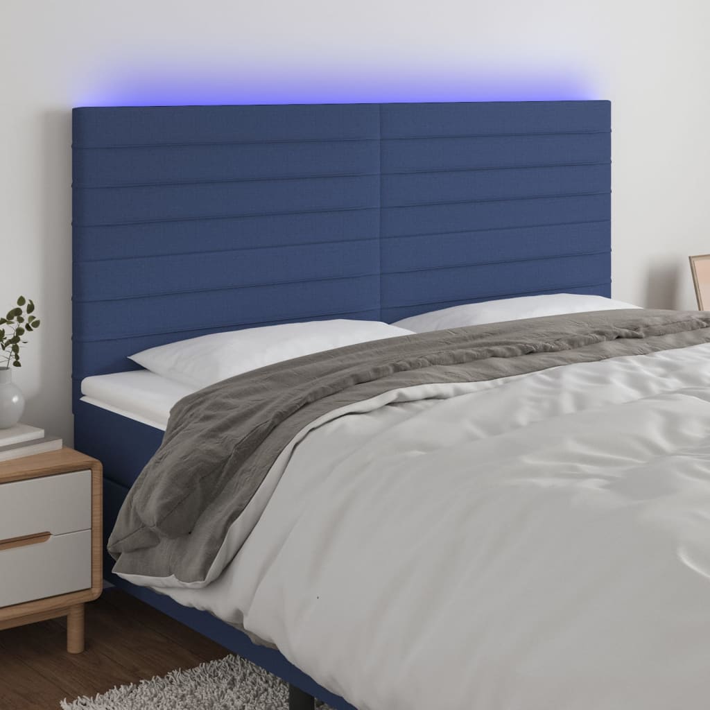 vidaXL Cabeceira de cama c/ luzes LED tecido 160x5x118/128 cm azul