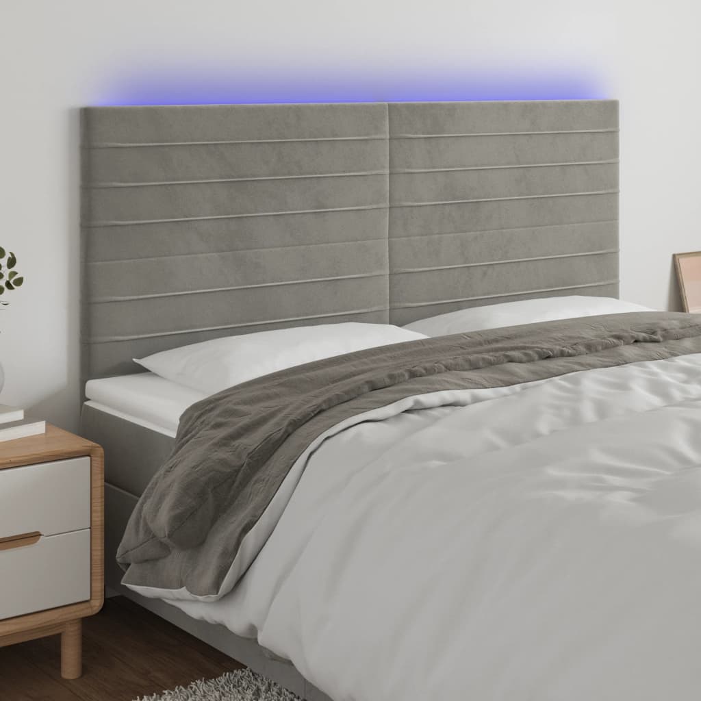 vidaXL Cabeceira de cama c/ LED veludo 160x5x118/128 cm cinza-claro