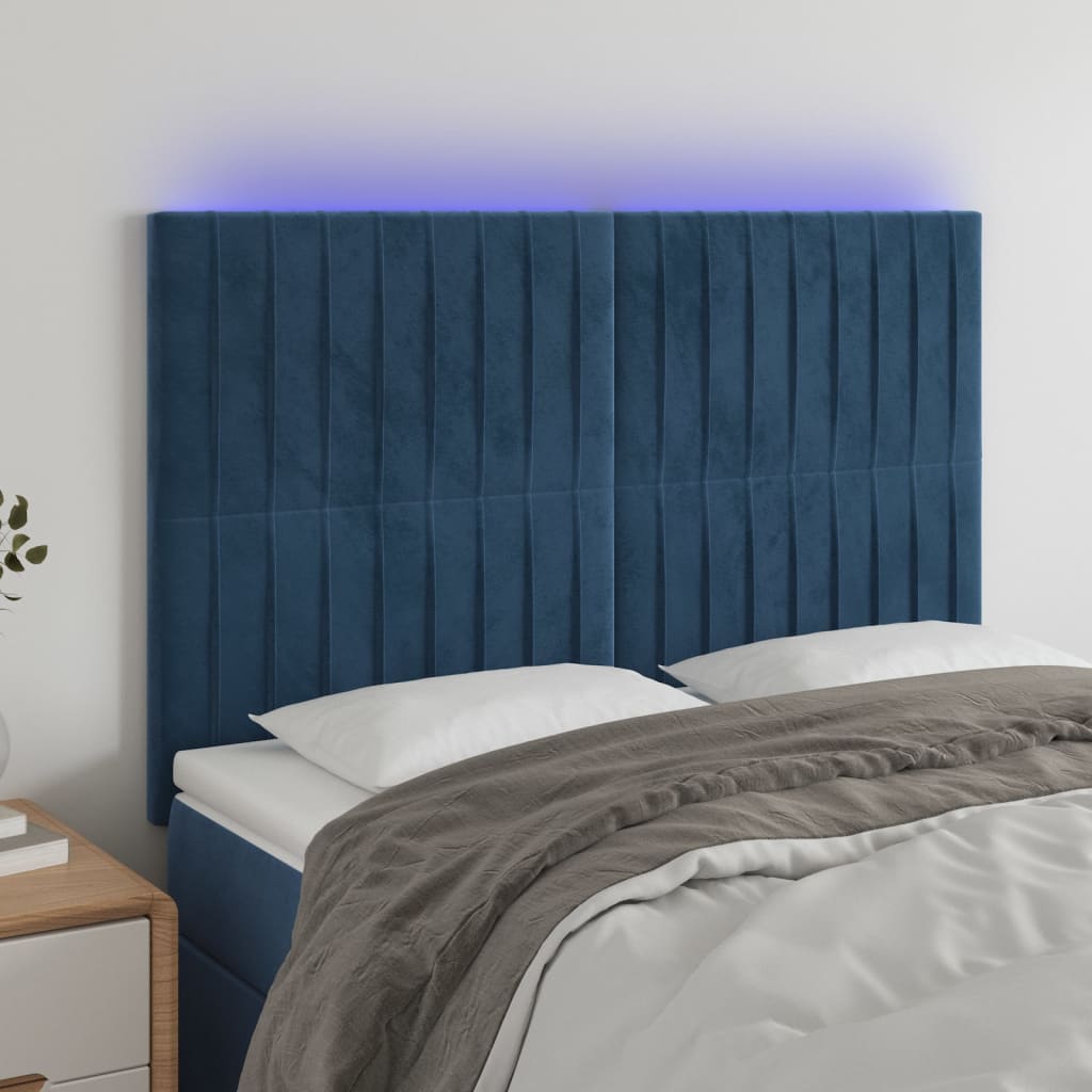 vidaXL Cabeceira cama c/ luzes LED veludo 144x5x118/128cm azul-escuro