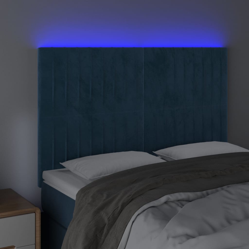 vidaXL Cabeceira cama c/ luzes LED veludo 144x5x118/128cm azul-escuro