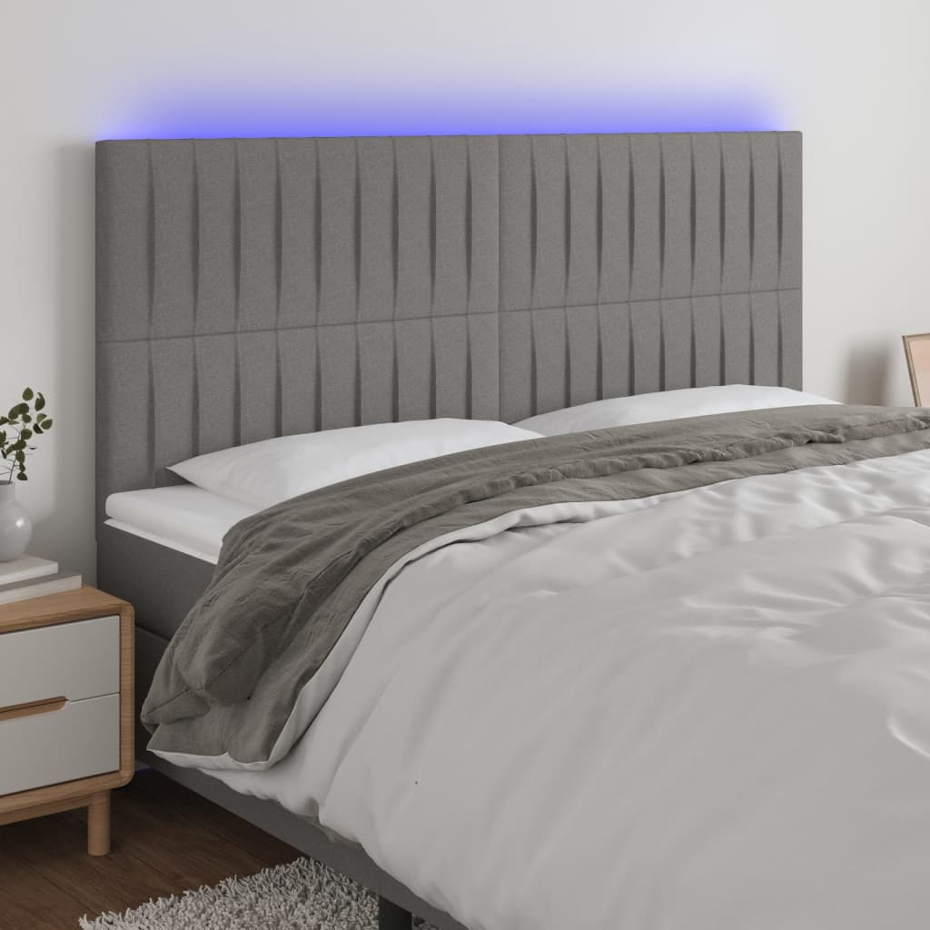 vidaXL Cabeceira de cama c/ LED tecido 200x5x118/128 cm cinza-escuro