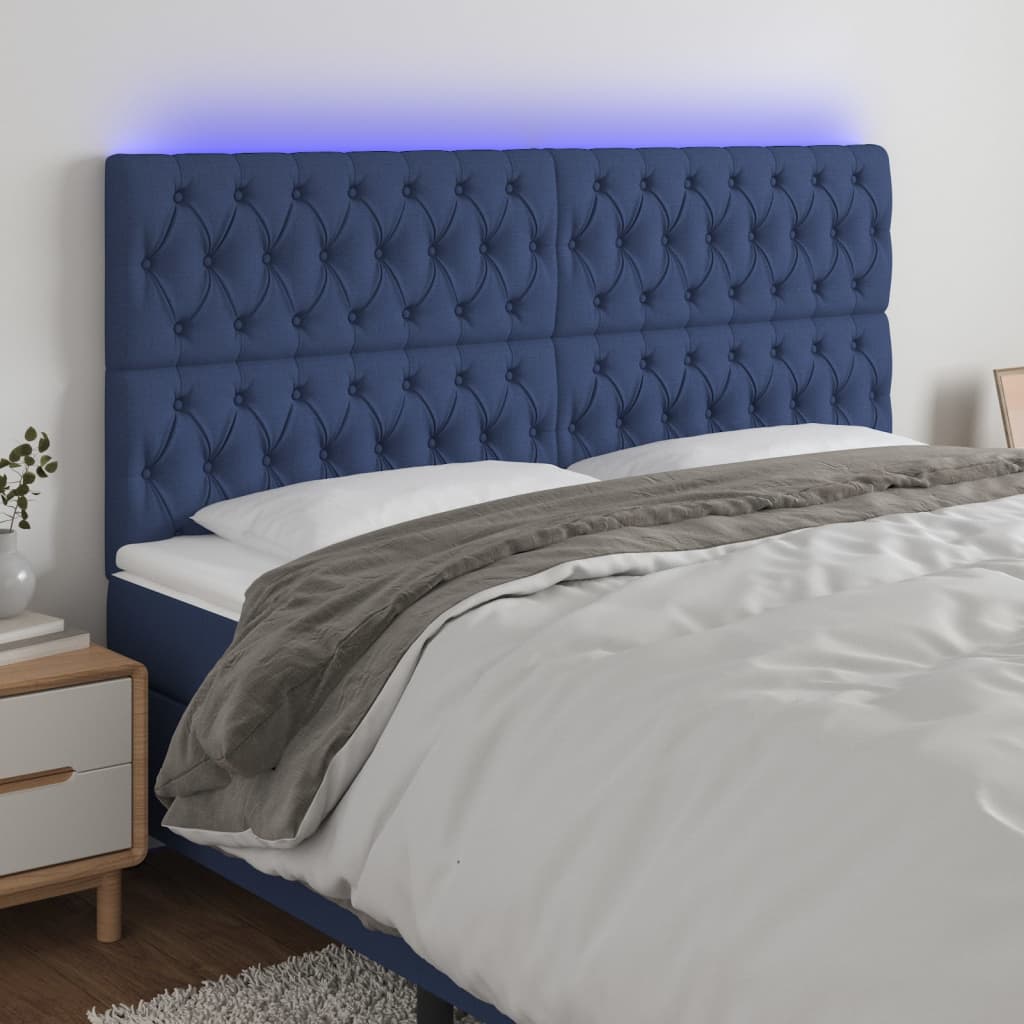 vidaXL Cabeceira de cama c/ luzes LED tecido 180x7x118/128 cm azul