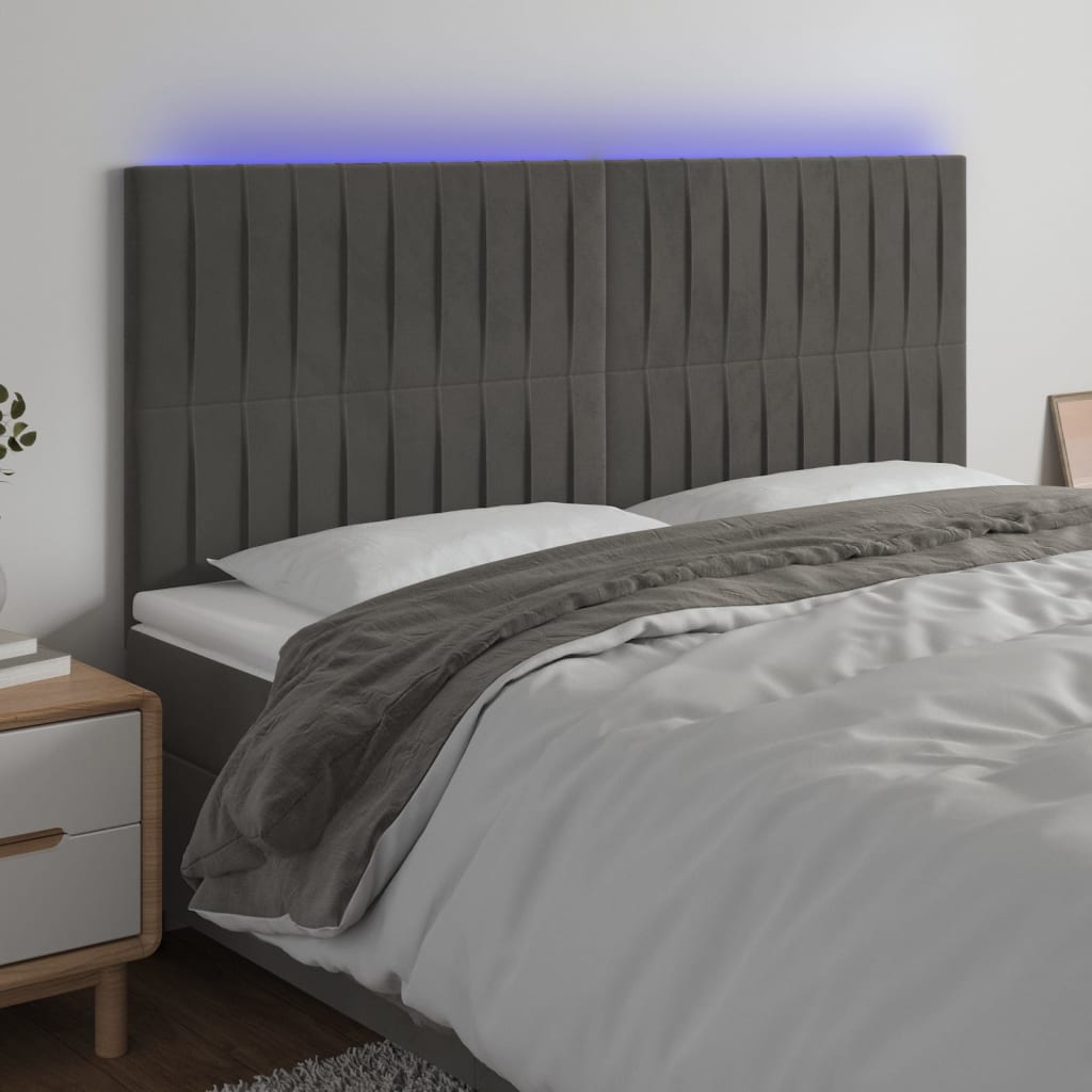 vidaXL Cabeceira de cama c/ LED veludo 180x5x118/128 cm cinza-escuro