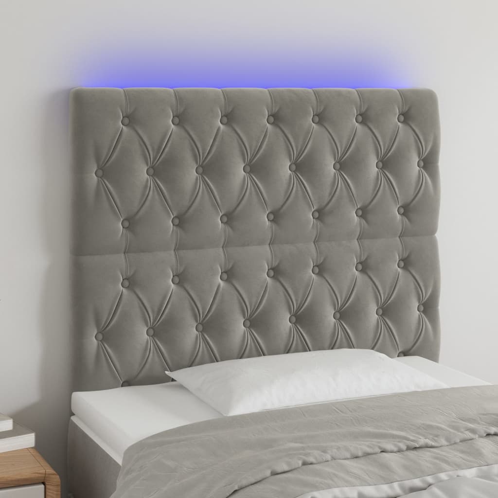 vidaXL Cabeceira cama c/ luzes LED veludo 90x7x118/128cm cinza-claro