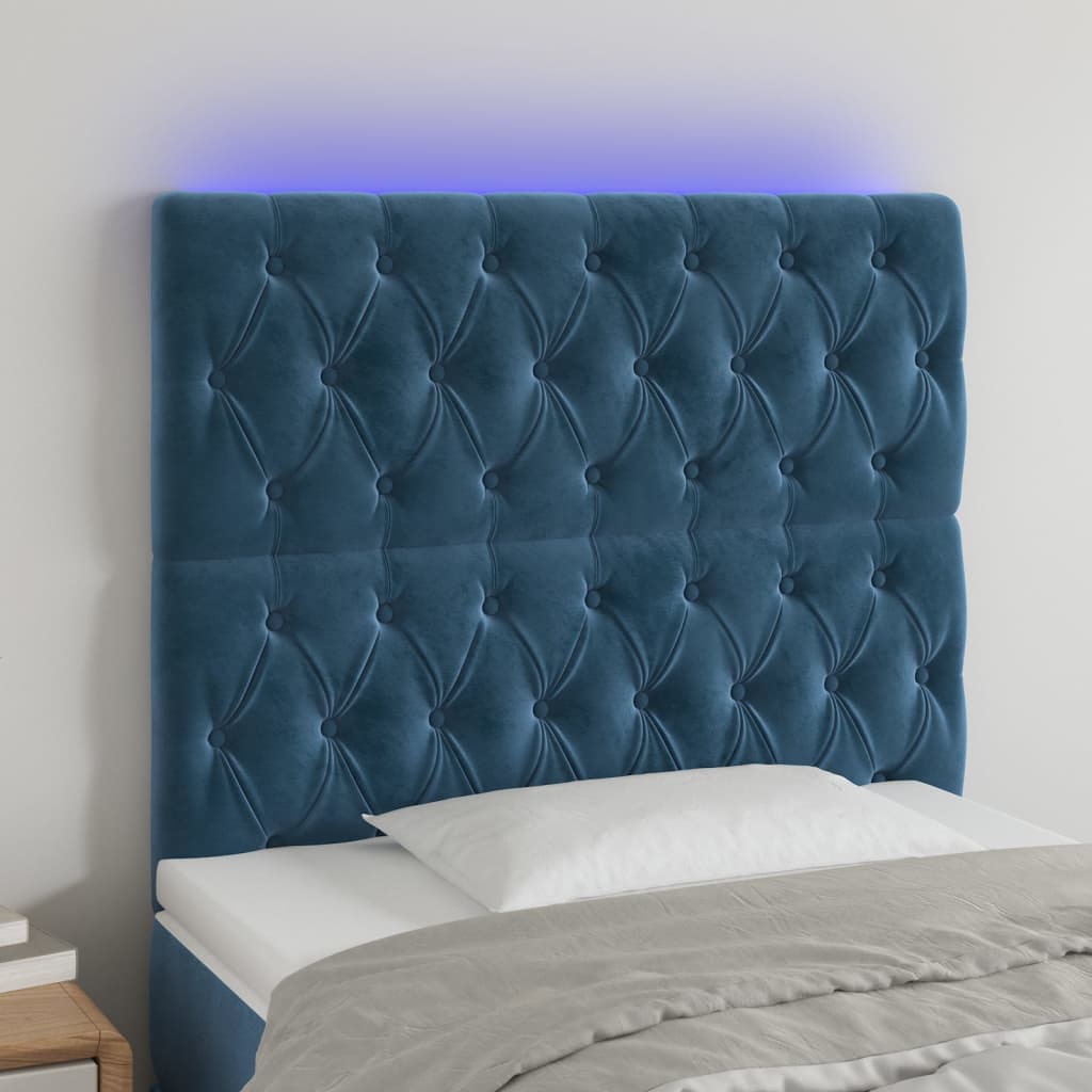 vidaXL Cabeceira cama c/ luzes LED veludo 100x7x118/128cm azul-escuro