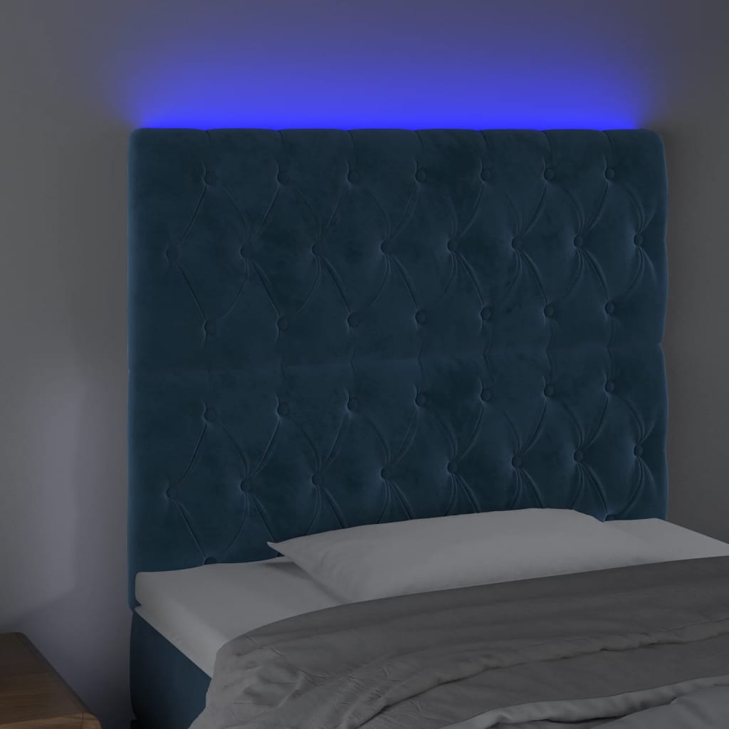 vidaXL Cabeceira cama c/ luzes LED veludo 100x7x118/128cm azul-escuro